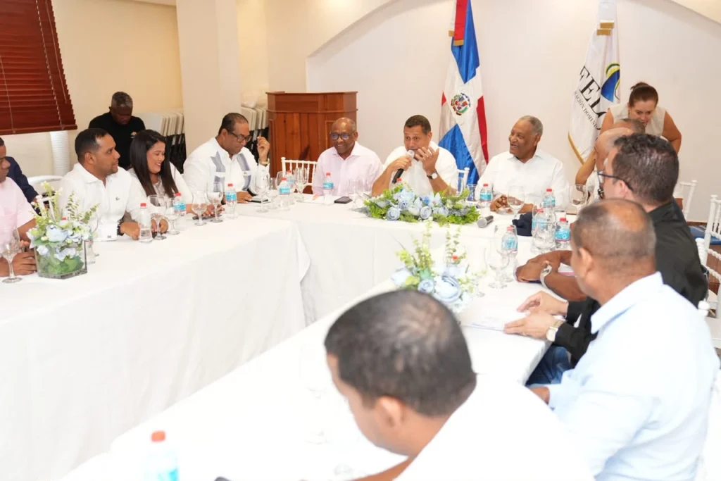 Nelson Núñez habla con micrófono en la mesa principal de la Asamblea Región Higuamo