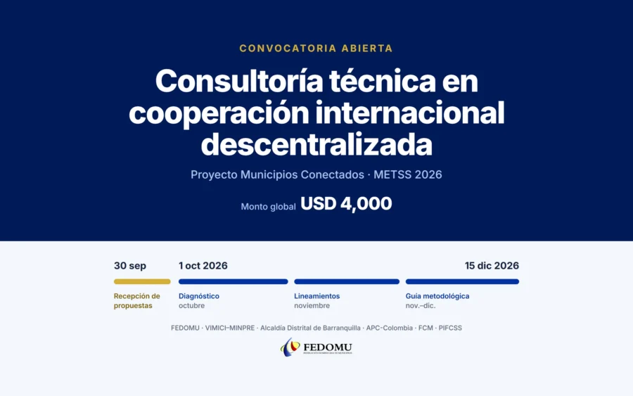 Convocatoria abierta: consultoría técnica en cooperación internacional descentralizada, proyecto Municipios Conectados, METSS 2026. Monto global USD 4,000. Recepción de propuestas hasta el 30 de septiembre; ejecución del 1 de octubre al 15 de diciembre de 2026.